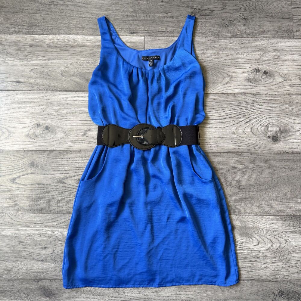 City Studio Vibrant Royal Blue Sleeveless Dress with Black Belt - Size Medium